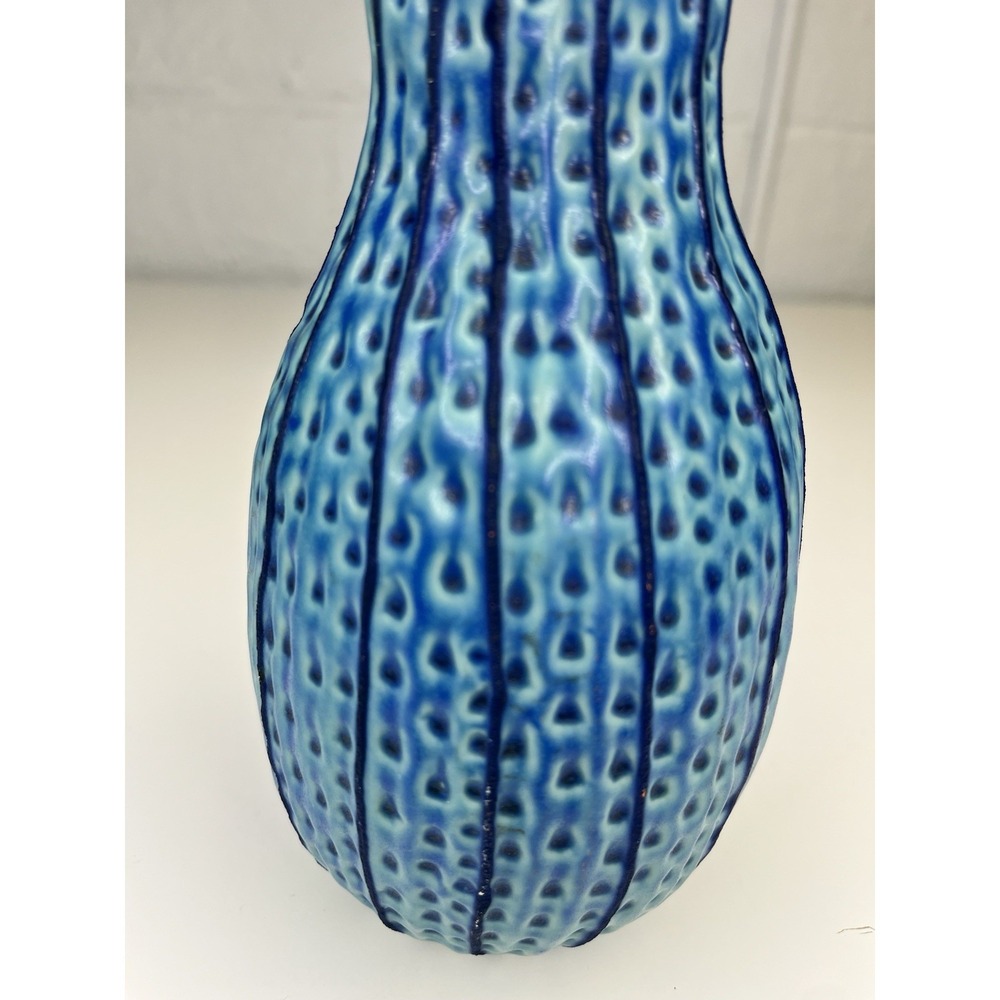 Textured Teal Blue Vase Stripe Thailand Bud Vase 7" Cactus Boho Southwestern‎ - Picture 5 of 7